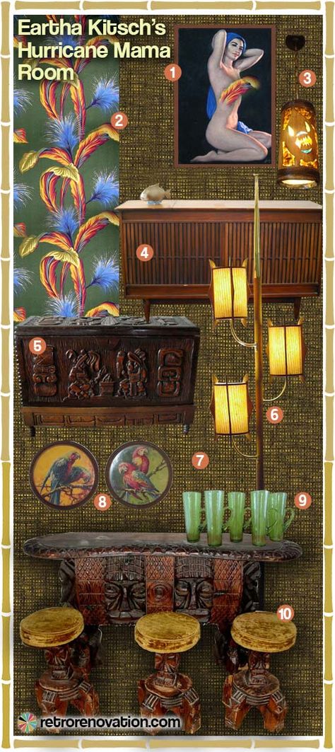 A tiki bar for your basement — three mood boards - Retro Renovation Vintage Tiki Bar, Retro Tiki Bar, Vintage Tiki Decor, Art Deco Tiki Bar, 70s Tiki Bar, 1950s Tiki Bar, Retro Basement, Corner Gas Fireplace, Tiki Decor