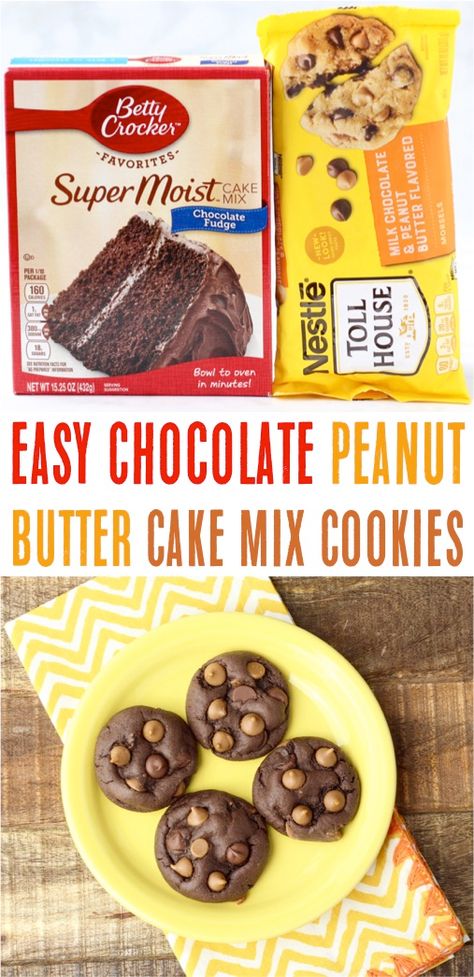 Easy Chocolate Peanut Butter Cookies Recipe!  This 4 ingredient dessert is such a yummy addition to your menu! Peanut Butter Cake Mix Cookies, Peppermint Cookie Recipe, 4 Ingredient Cookies, Chocolate Cake Mix Cookies, Savory Dessert, Chocolate Peanut Butter Cake, Cookie Recipes Unique, Cake Mix Cookie Recipes, Chocolate Peanut Butter Cookies