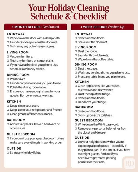 Reader's Digest on Instagram: "Thanksgiving will be here before you know it! 🦃 Save this list and tackle your holiday cleaning one day at a time. #cleaning #cleaningtips #holidaycleaning #cleaningschedule #cleaningchecklist #thanksgiving #thanksgivingchecklist #kitchen #bathroom #diningroom #livingroom" Holiday Hosting Checklist, Thanksgiving Cleaning Schedule, Thanksgiving Cleaning Checklist, Holiday Cleaning Schedule, Christmas Cleaning Checklist, Holiday Cleaning Checklist, Thanksgiving Checklist, House Manager, Mother Culture