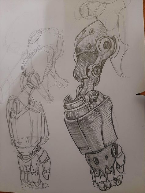 Mech Drawing Reference, How To Draw Machines, Robot Arms Concept Art, How To Draw Mechanical Parts, Junk Robot Concept Art, Mechanical Arm Concept Art, Steampunk Mechanic Character Design, Mecha Drawing Reference, Prosthetic Concept Art