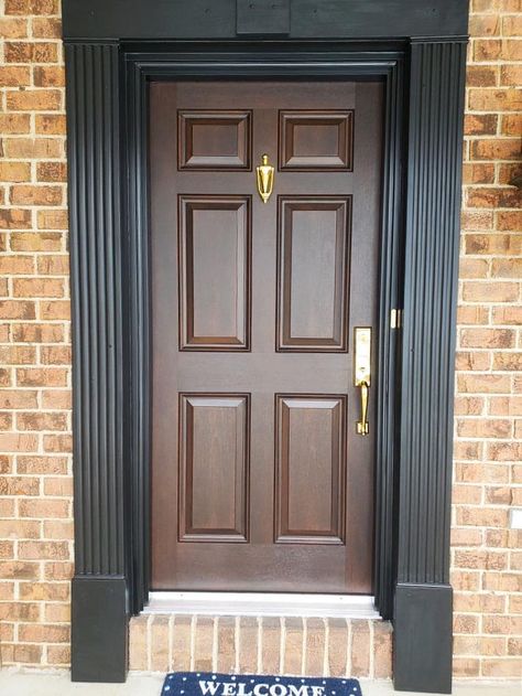 Brown Front Door Paired With Brass Hardware & Black Trim Front Door On Brown House, Front Door Trim Exterior, Dark Brown Front Door, Brown Front Door, Pella Doors, Fiberglass Front Entry Doors, Brown Front Doors, Mahogany Front Door, Black Front Door