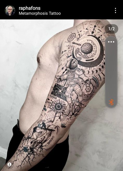 Space Hand Tattoos For Guys, Math Sleeve Tattoo, Space Arm Sleeve Tattoo, Psydelic Tattoos, Geometric Space Tattoo, Sacred Geometry Sleeve, Geometric Arm Tattoo, Sci Fi Tattoo, Space Arm Tattoo