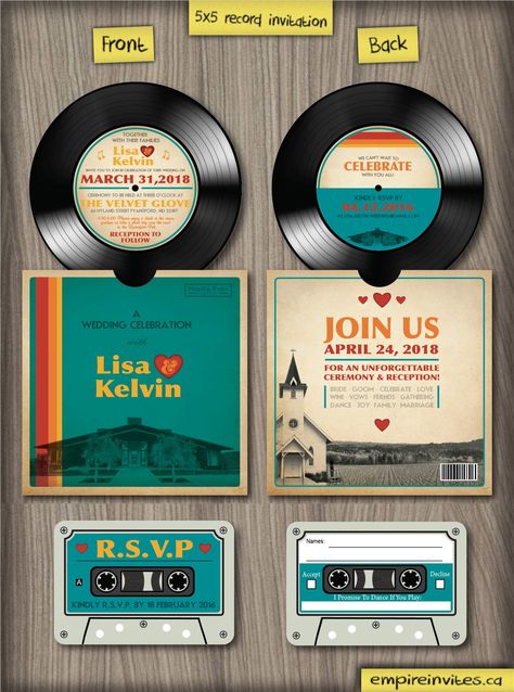 LOVE These 5″ Retro Music Themed Wedding Invitations by https://www.empireinvites.ca 80s Theme Wedding, Music Themed Wedding Invitations, Music Wedding Invitations, Theme Wedding Invitations, Record Wedding, Wedding Invitations Printable, Retro Wedding Invitations, Music Themed Wedding, Passport Wedding Invitations