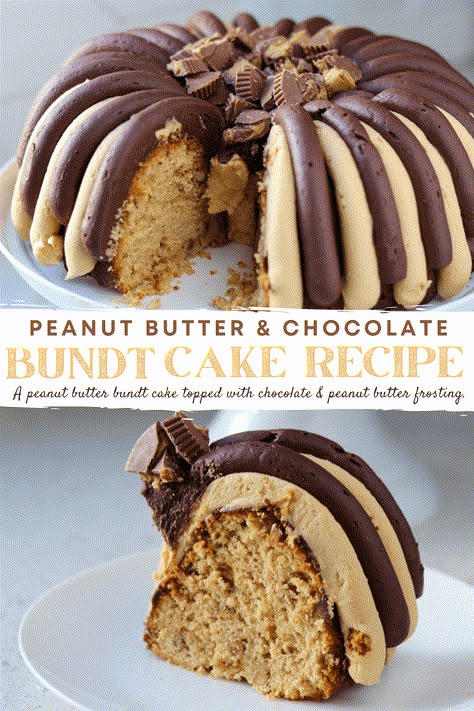 A peanut butter bundt cake stuffed with peanut butter chips and topped with alternating piping of chocolate buttercream and peanut butter frosting. Click here for the recipe! Peanut Butter Explosion Cake, Peanut Butter Cake Chocolate Frosting, Nutter Peanut Butter Pound Cake, Peanut Butter Cake With Chocolate Frosting, Peanut Butter Cake With Chocolate Icing, Bunt Cakes Decorating Ideas, Stuffed Bundt Cake, Brownie Bundt Cake, Chocolate Peanut Butter Bundt Cake