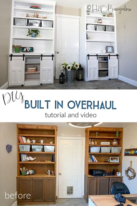 How to update old built ins and cabinets. Makeover built ins with paint, new doors and barn door hardware for cabinets I'll show how to build shaker cabinet doors and add mini barn door hardware. Redo dated bookcases, built ins and shelves in a weekend! #builtins #woodworking #paintingproject #DIYshakerdoors#homerightsuperfinishmax Built In Shelves Living Room Makeover, Redo Built In Cabinets, Painting Built In Cabinets, Update Old Built In Bookshelves, Built In Update, How To Add Doors To Built In Shelves, Old Built In Shelves Makeover, Update Built In Cabinets, How To Paint Built In Bookcase