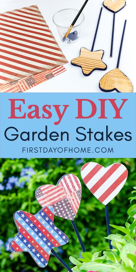 Make simple DIY yard art that even the kids can help with! These easy decorative garden stakes take no time to make. Customize them for patriotic decor, or choose a different design for any holiday. #yardart #gardenideas #diydecor #firstdayofhome Independence Day Theme, Decoupage Wood, How To Make Decorations, Plant Stakes, Amazing Crafts, Decorative Garden Stakes, Decorated Flower Pots, Beautiful Yards, Diy Valentine