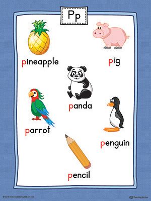 Letter P Word List with Illustrations Printable Poster (Color) Worksheet.Use the Letter P Word List with Illustrations Printable Poster to play letter sound activities or display on a classroom wall. P Words Letter, Letter Pictures, Letter Activity, Letter Sound Activities, Alphabet Board, Kindergarten Coloring Pages, Alphabet Words, The Letter P, Phonics Books