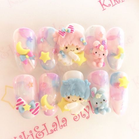 ♥ Little Twin Stars ♥ Kiki&Lala Style　ネイル 3dnail Art, Sanrio Nails, Gyaru Nails, Cartoon Nail Designs, Nail Extensions Acrylic, Kiki Lala, Kawaii Nail Art, Cute Nail Polish, Really Cute Nails