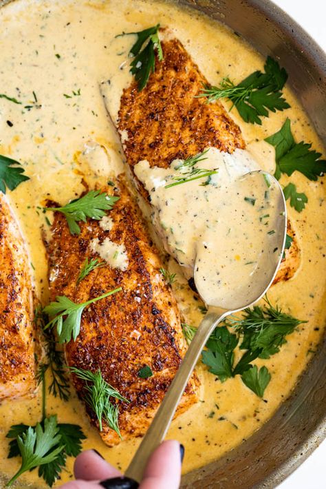 Blackened Salmon In Creamy Cajun Sauce, Cajun Salmon Dinner Ideas, Creamy Cajun Stuffed Salmon, Best Salmon Sides, Salmon With Cajun Cream Sauce, Salmon Cajun Cream Sauce, Creamy Cajun Salmon Pasta, Spicy Salmon Pasta, Salmon Recipes Cajun