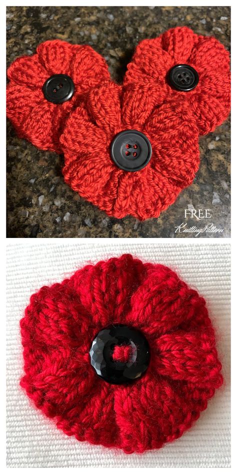 Knit Poppy Flower Free Knitting Patterns - Knitting Pattern Poppy Patterns Free, Knitting Poppies Free Pattern, Loom Knitted Flowers, Easy Knitted Poppy Free Pattern, Christmas Hat Knit, Knitted Poppy Pattern, Crocheted Poppies Free Pattern, Free Flower Knitting Patterns, Poppy Knitting Pattern For Free