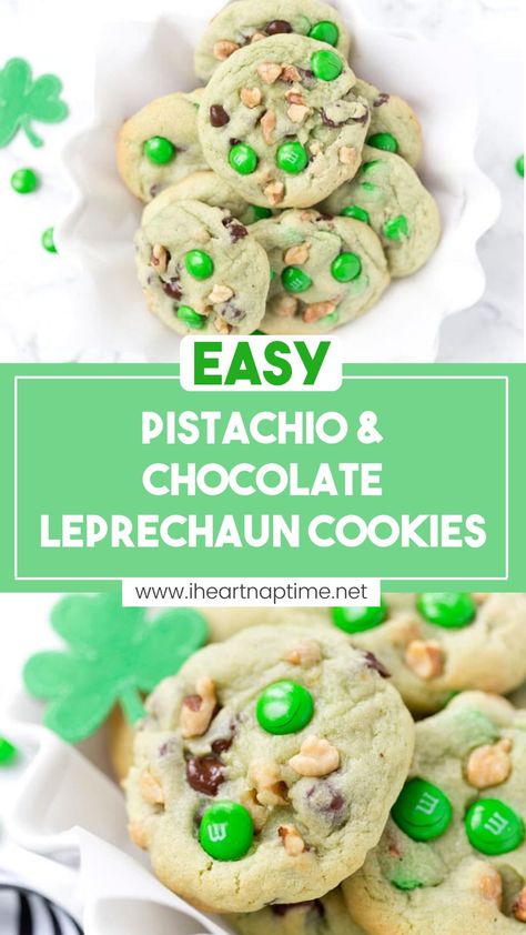 Pistachio Chocolate Leprechaun Cookies, Green Cookies St Patrick, St Patrick's Day Baked Goods, Cookies For St Patricks Day, St Patricks Day Baked Treats, St Patrick’s Day Cookie Ideas, Green Baked Goods, St Patrick’s Day Baking, St Patricks Day Cookies Easy