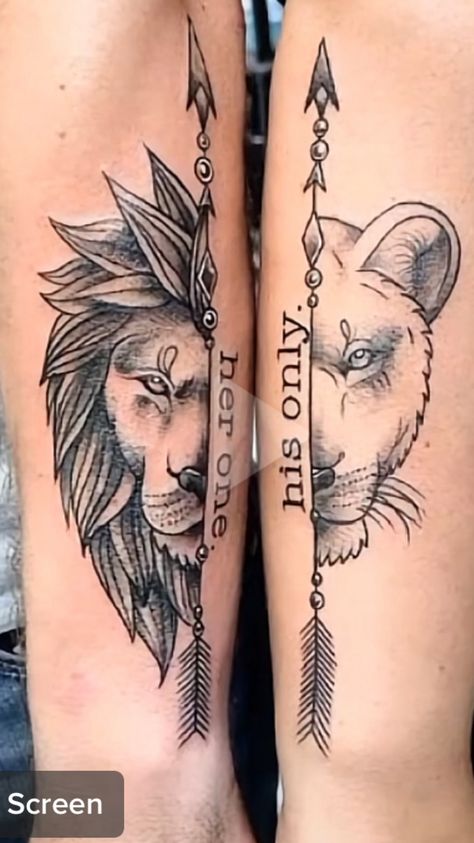 Matching Tattoos Lion And Lioness, King And Queen Lion Tattoo For Couples, Viking Tattoos For Couples, King And Queen Tattoo For Couples, Husband And Wife Tattoos Marriage, His And Hers Tattoos Couple Tat, Couple Tattoo Ideas Unique, Woman Lower Back Tattoo, Couples Lion Tattoo