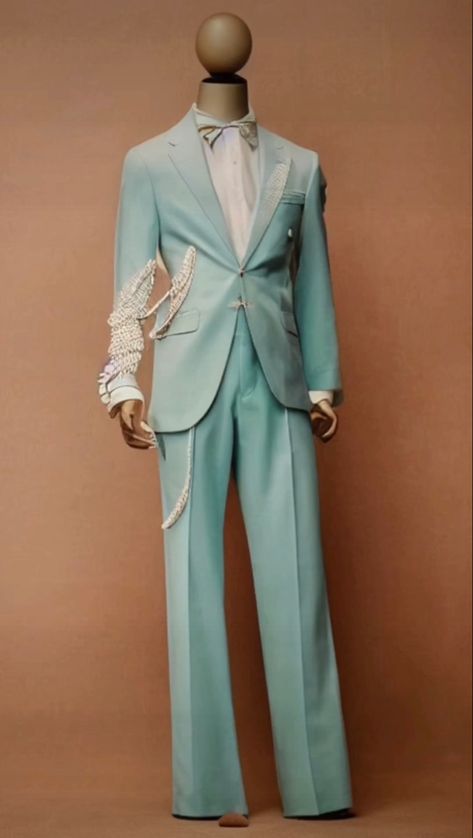 Creative Prom Outfits, Unusual Suits Men, Unique Suits For Men Prom, Mermaid Inspired Outfits Men, Met Gala Inspired Outfits Men, Unique Formal Outfits For Men, Couture Suits Men, Water Themed Outfits Male, Unique Prom Outfits For Guys