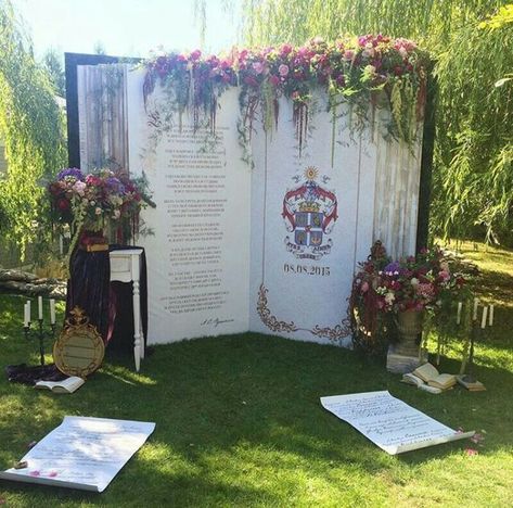 Giant Book Decoration, Book Photo Backdrop, Giant Book Backdrop, Book Backdrop, Storybook Wedding, Wedding Decoration Ideas, Experiential Marketing, Alice In Wonderland Tea Party, Fairy Wedding