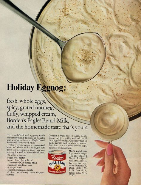 A vintage advertisement recipe for Holiday Eggnog from Eagle Brand Condensed Milk Eagle Brand Recipes, Vintage Christmas Recipes, Dairy Free Egg Nog, Eggnog Recipe Homemade, Eagle Brand Milk, Holiday Eggnog, Homemade Eggnog, Christmas Punch Recipes, Condensed Milk Recipes