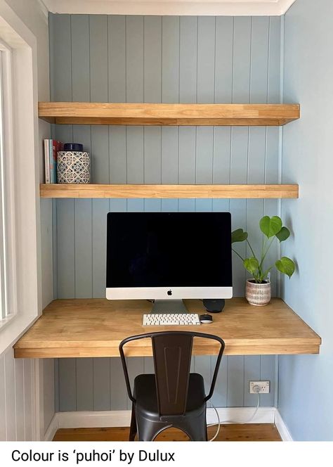 Bedroom Office Shelves, Desk In An Alcove, Tiny Computer Desk, Cupboard Study Nook, Desk In Wall Built Ins, Cupboard Desk Study Nook, Built In Desk Top Ideas, Small Space Nook Ideas, Desk In Nook Ideas