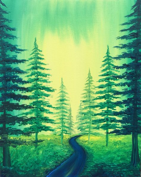 Emerald Forest Green Background Painting Ideas, Easy Forest Drawings, Kayak Painting, Forest Drawing Easy, Woods Painting, Mellow Mushroom, Emerald Forest, Forest Drawing, Monochromatic Art