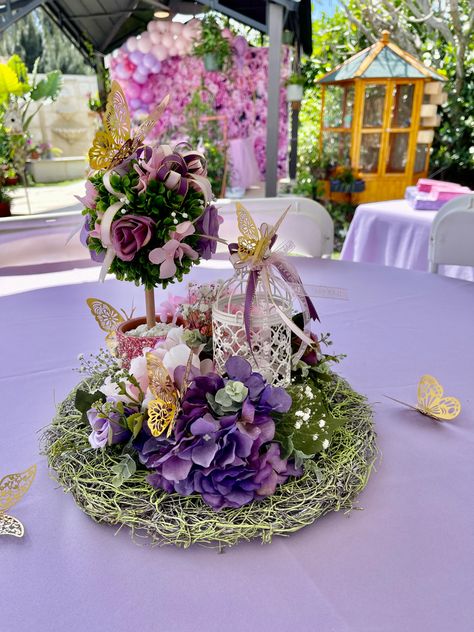 Fairy Table Decorations, Butterfly Garden Theme Quinceanera, Fairy Quinceanera Theme Invitations, Enchanted Fairy Centerpieces, Diy Fairy Centerpiece, Butterfly Tree Centerpiece, Lavander Decorations, Fairy Garden Quinceanera Theme Centerpieces, Enchanted Forest Butterfly Theme