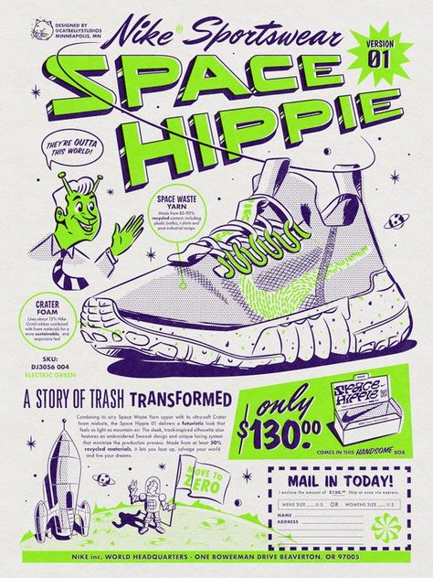 [OC] Poster I made for the Nike Space hippie 01, Inspired by vintage comic book ads : graphic_design Comic Book Style Graphic Design, Wwe Graphic Design, Pop Culture Graphic Design, Comic Graphic Design Style, Old Nike Ads, Comic Book Graphic Design, Vintage Nike Poster, Nike Poster Design, Nike Posters