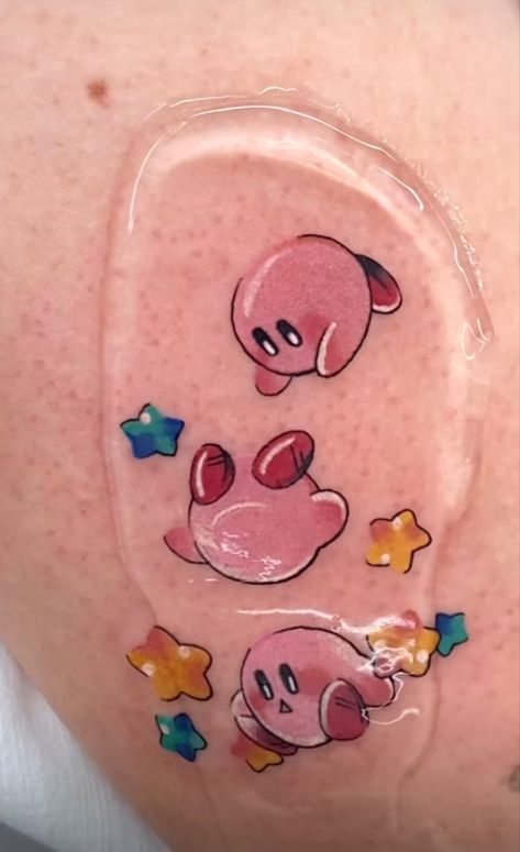 Pikmin Tattoo Ideas, Black And Pink Tattoo, Princess Peach Tattoo, Kirby Core, Kirby Tattoo, Space Sleeve, Kawaii Tattoos, Peach Tattoo, Mario Tattoo