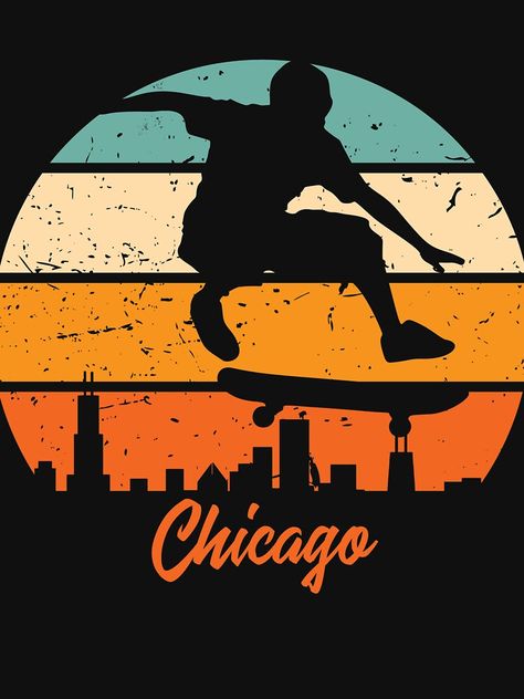 "Retro Skateboard design over Chicago" T-shirt by gezwaters | Redbubble Skateboard Tshirt Design, Vintage Skateboarding, Los Angeles Sunset, Retro Skateboard, Electrician T Shirts, Holiday Party Kids, Skateboard Art Design, Skate And Destroy, Cat Profile