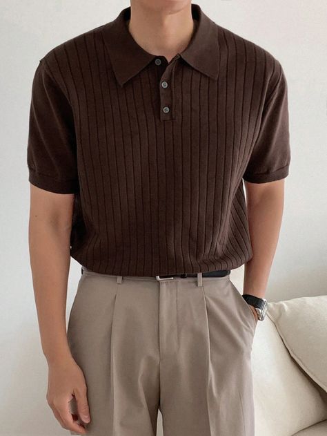 Coffee Brown Casual Collar Short Sleeve Knitwear Plain  Embellished High Stretch  Men Clothing Men Brown Outfit, Jake Fashion, Brown Tshirt Outfit, Summer Academia Outfits, Warm Tone Outfits, Style Improvement, Polo Outfit Men, Diy Embroidery Shirt, Polo Outfit