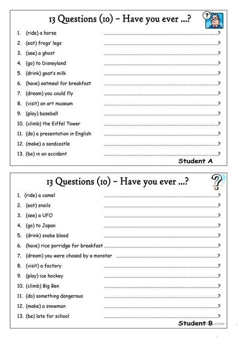 13 Questions (10) - Have You Ever - English ESL Worksheets Kindergarten Hacks, Speaking Questions, Middle School Grammar Worksheets, Middle School Grammar, Have You Ever Questions, Relative Clauses, Questions For Kids, Past Simple, Perfect Tense