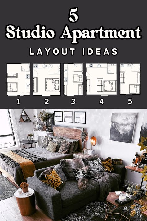 5 Studio Apartment Layout Ideas That Will Make Your Studio Flow Beautifully — Moda Misfit | Small Apartment Styling + Cozy Living Condo Studio Design, Fancy Studio Apartment, Studio Apartment Ideas For Seniors, Square Studio Apartment Ideas, Studio Apartment Layouts, 200sqft Studio, Studio Apt Ideas Layout, Square Studio Apartment Layout, Luxury Studio Apartment Ideas