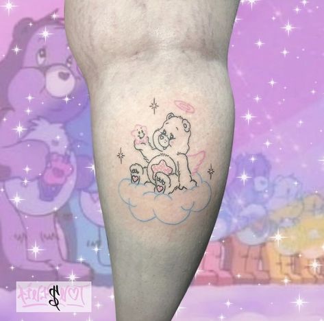 Green Care Bear Tattoo, Bedtime Bear Tattoo, Care Bear Tattoo, Leg Tats, Care Bear Tattoos, Bestie Tattoos, Tattoos 2023, Bestie Tattoo, Bear Tattoos