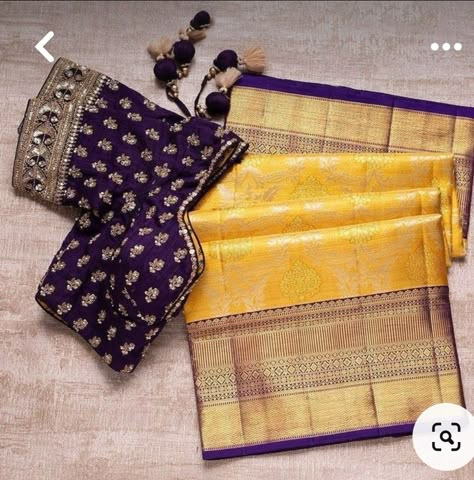 Velvet Blouse For Kanchipuram Saree, Pattu Saree Blouse Embroidery Designs, Velvet Blouse Designs Indian Silk Saris, Velvet Blouse For Silk Saree, Purple Blouse Work Designs, Purple And Yellow Outfit, Velvet Blouse Designs Indian, Nails Dark Purple, Purple Silk Saree