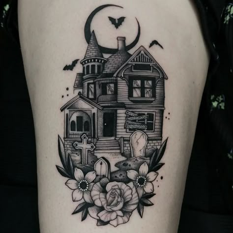 Haunted House Flash Tattoo, Cute Haunted House Tattoo, Amityville Horror House Tattoo, Adams Family House Tattoo, Haunted House Traditional Tattoo, Haunted House Tattoo Simple, Haunted House Tattoo Ideas, Small Haunted House Tattoo, Haunted Tattoo Ideas