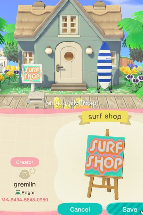 Surf Shop Codes Acnh, Surf Shop Acnh Code, Animal Crossing Surf Shop Ideas, Acnh Surf Shop Design Code, Acnh Tropical Island Design Codes, Animal Crossing Design Codes Tropical, Preppy Animal Crossing Island, Beach Theme Animal Crossing, Surf Shop Animal Crossing