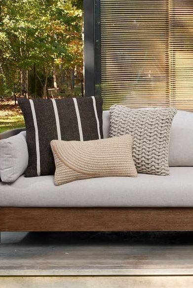 Brighten up your porch or patio furniture with these outdoor pillows, which will hold up against the elements. They are mold and mildew resistant, too. Outdoor Couch Pillows, Grey Outdoor Furniture Decor, Outdoor Pillows Ideas Color Schemes, Outdoor Patio Pillows, Patio Pillows Outdoor, Small Space Seating, Outdoor Alfresco, Home Decor Minimalist, Patio Inspiration