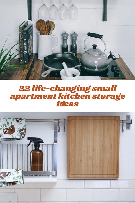 Find it hard to organize a small kitchen? With these 22 life-changing small apartment kitchen storage ideas you can effortlessly maximize your space! Makeshift Kitchen Small Spaces, Small Kitchen No Counter Space, Maximize Counter Space Kitchen, Organized Small Kitchen, Tiny Apartment Kitchen Ideas, Shelving Ideas For Kitchen, Apartment Kitchen Hacks, Small Apartment Kitchen Storage, Apartment Kitchen Organization Ideas