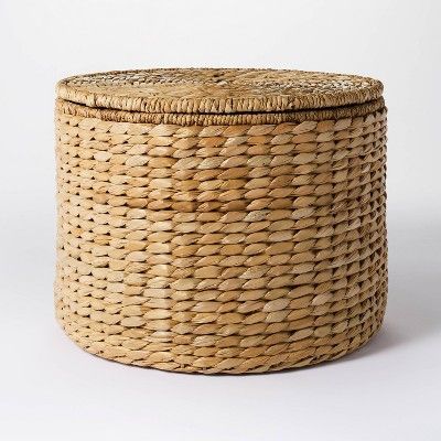 Woven Storage Ottoman Natural - Threshold™ Designed With Studio Mcgee : Target Rattan Storage Ottoman, Ikea Woven Ottoman, Woven Storage Baskets With Lid, Wicker Storage Baskets With Lids, Storage Ottoman Seat, Basement Blanket Storage, Boho Blanket Storage, Living Room Decor With Black Accents, Decorative Blanket Storage