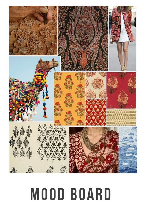 Textile Design Mood Boards, Ethnic Wear Inspiration Board, Interior Design Textile Mood Board, Bridal Mood Board Indian, Indian Prints And Patterns Textiles, Bohemian Mood Board Fashion, Rajasthani Mood Board, Indian Textiles Aesthetic, Indian Fashion Sketches