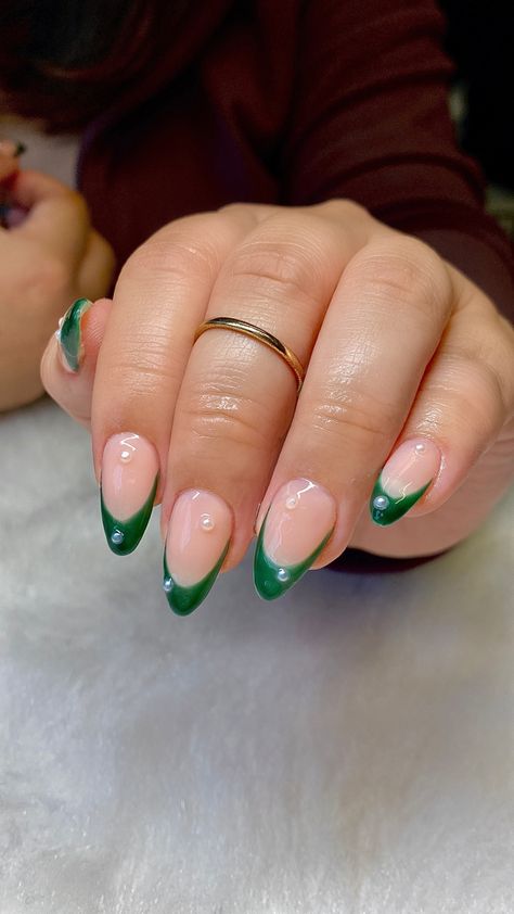 Green French Tip With Pearls, Green Nails With Pearls, Green Pearl Nails, Pearl French Tips, Nails With Pearls, Green French Tip, Dark Green Nails, Green French, Green Chrome