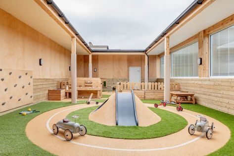 School House Interior Design, Wood Interior Architecture, Outdoor Preschool Playground Ideas, Play Cafe Ideas Coffee Shop, Woods Interior Design, Modern Daycare Design, Daycare Interior Design, Montessori Playground, Rocking Bed