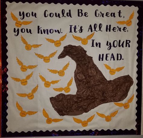 Harry Potter Growth Mindset Bulletin Board Harry Potter Growth Mindset, Harry Potter School Bulletin Boards, Harry Potter Boards Bulletin, Harry Potter In The Classroom, Harry Potter Themed Classroom Decor, Harry Potter Classroom Bulletin Boards, Hogwarts Themed Classroom, Harry Potter Elementary Classroom, Harry Potter Bulletin Board Elementary