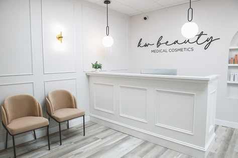 Interior Design for the offices of KW Beauty in Kitchener, Belmont Village Front Lobby Decor Reception Areas, Med Spa Reception Area, Dance Studio Reception, Small Dental Clinic Interior Design, Medical Spa Design, Wall Millwork, Spa Reception Area, Wall Trims, Medical Clinic Design