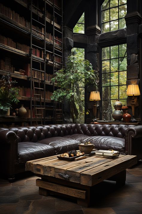 Dark Academia Interior Guide: Elegant Home Styling Modern Craftsman Interior, Intellectual Aesthetic, Academia Interior, Craftsman Interior Design, Dark Academia Interior, Library Lounge, Neoclassical Art, Craftsman Interior, Dark Color Palette