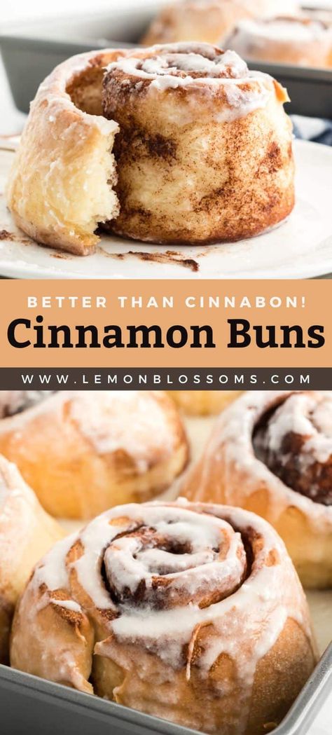 These Cinnamon Buns are big, fluffy, and full of delicious gooey cinnamon flavor. These cinnamon rolls are the absolute best irresistible breakfast treat! Melt-in-your mouth decadent just like Cinnabon! #best #cinnabon #yeast #easy #breakfast Cinnamon Bun Dough Recipe, Cinnamon Buns Homemade, Best Cinnamon Buns Recipe, Homemade Cinnamon Rolls Fluffy, Baking Recipes No Yeast, Cinnamon Buns No Yeast, Quick Cinnamon Buns, Homemade Cinnamon Buns, Cinnamon Rolls Without Milk