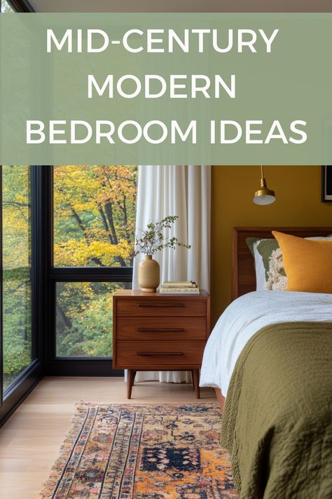 Mid-century modern bedroom with large window, wood nightstand, and green bedding. Scandi Eclectic Bedroom, Mid Century Bedrooms, Moody Mid Century Modern Bedroom, Mid Century Modern Bedroom Design Ideas, Scandanavian Interiors Bedroom, Mid Century Modern Bedroom Ideas, Mid Century Modern Bedding, Danish Bedroom, Ad Bedroom