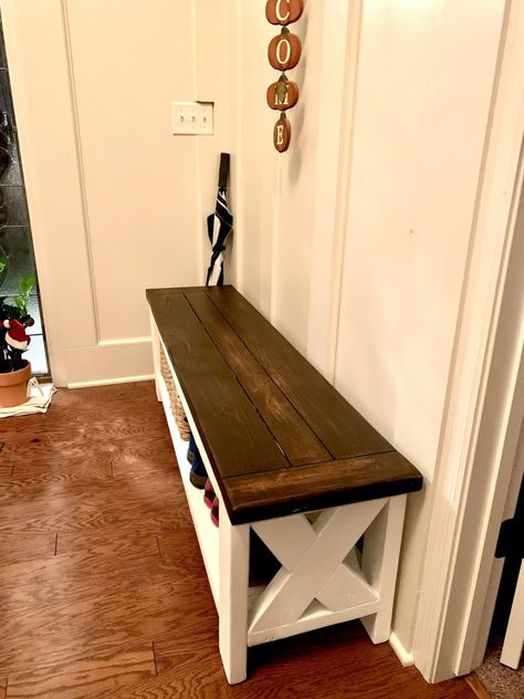 Entry Door Bench, Country Shoe Bench, Farmhouse Shoe Bench, Diy Bench Indoor Entryway, Entry Way Bench Diy Plans, Diy Bench With Shelf, Wooden Entry Bench, Diy Entryway Bench With Shoe Storage, Diy Shoe Bench Entryway