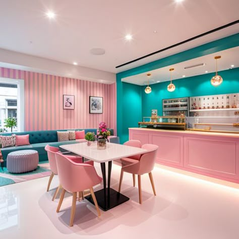 Pastel Cafe Interior Design, Pink Cafe Design Ideas, Pink And Blue Interior Design, Pastel Cafe Interior, Pink Cafe Design, Pink Cafe Interior, Pink Cafe Aesthetic, Aesthetic Cafe Interior, Pastel Cafe