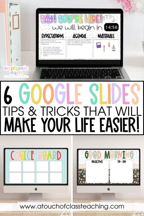 These 6 Google Slides tips and tricks will help make your life in the classroom so much easier, especially if you are struggling with transitions and time management as a teacher. Plus, I share how you can add countdown timers to any PowerPoint slideshow, which is a perfect tool to use during center rotations and transition periods in the classroom! Daily Google Slides For Classroom, Preschool Google Slides, How To Make Cute Google Slides, Teacher Google Slides Ideas, Interactive Google Slides, About Me Google Slides Ideas, Teacher Slides Template, Teacher Slide Template, Google Slides Tips And Tricks