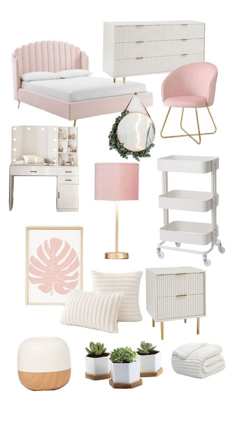 Light Pink White And Gold Bedroom, Pink Gold And White Bedding, Pink Gold And White Bed, Room Ideas Aesthetic Pink, Pink White And Gold Comforter, Pink White And Gold Bedroom Indpi, Kylie Bedroom, Pink Bedroom Decor, Room Ideas Aesthetic