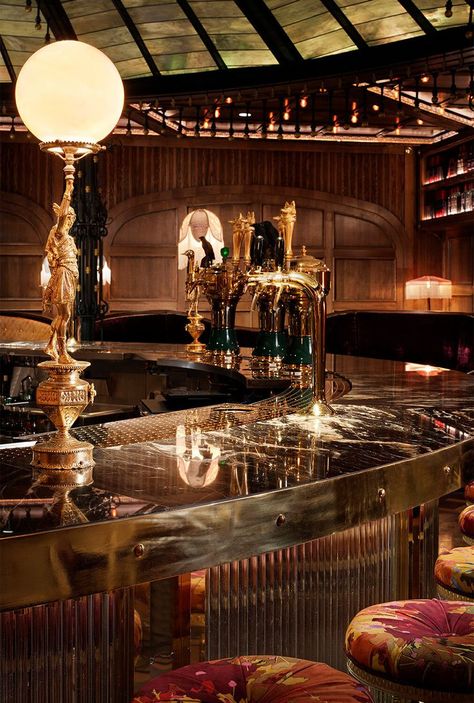 Raised By Wolves Bar Detail Marble Bar Top, Gold Metal Edge Banding, Gold Drink spouts Fiber Optic Ceiling, Marble Bar Top, Pierre Frey Fabric, Oak Fireplace, Fireplace Facade, Marble Bar, Raised By Wolves, Fountain Feature, Bottle Display