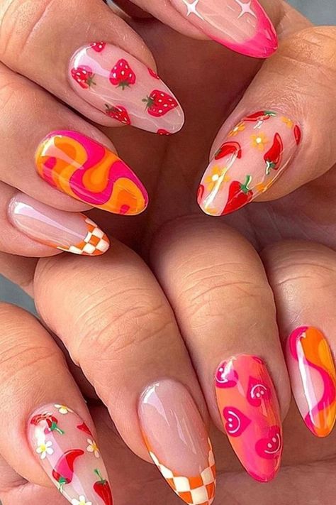 Achieve fruit nails in minutes with press-on nails or with the right tools. Have fun with different colors and decorations for fruity designs. Fruity Design, Fruit Nails, Manicure Ideas, Nail Design, Have Fun, Press On Nails, Summer Nails, Different Colors, Manicure