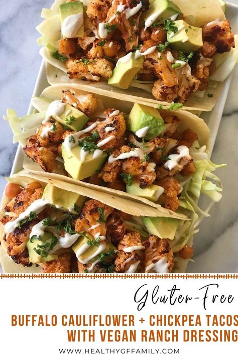 Tacos coming in hot! An easy and unbelievably delicious gluten-free and plant based meal. Spicy baked Buffalo cauliflower & chickpeas paired with shredded cabbage, creamy avocado and a dreamy Vegan ranch dressing. Taco Ranch Bites, Buffalo Chickpea Tacos, Chickpea Cauliflower Tacos, Plant Based Buffalo Cauliflower, Vegan Buffalo Cauliflower Wraps, Chickpea Taco, Cajun Ranch, Chipotle Cauliflower Tacos, Cauliflower Chickpea